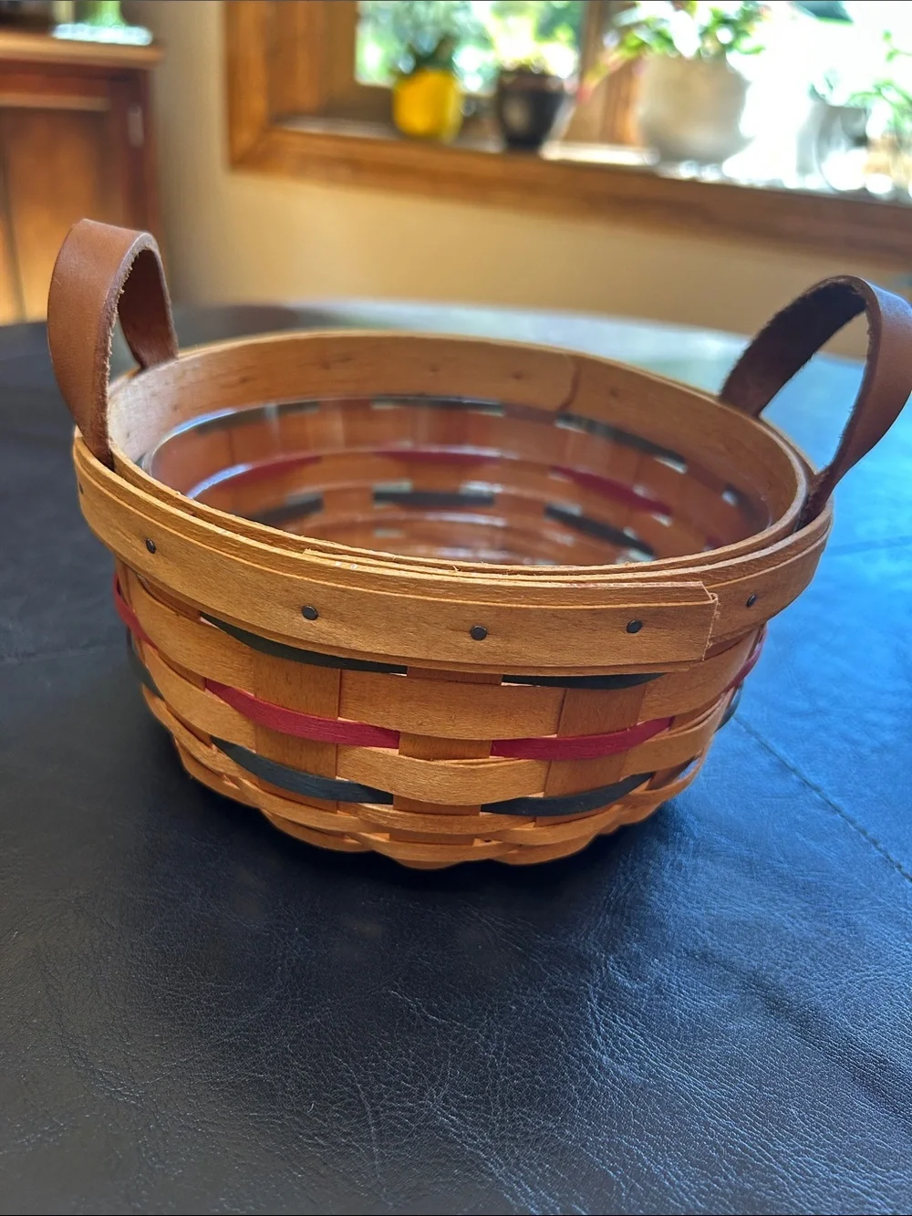 Longaberger Round Woven Button Basket Fitted Plastic Liner Brown Leather Handles